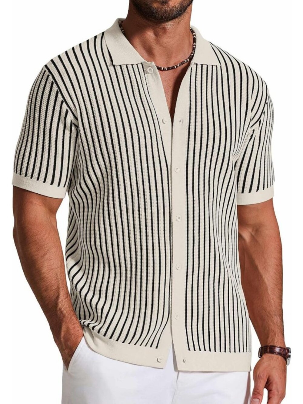 Vintage Striped Short Sleeve Knit Polo Shirt for Men | Casual Button Down Top